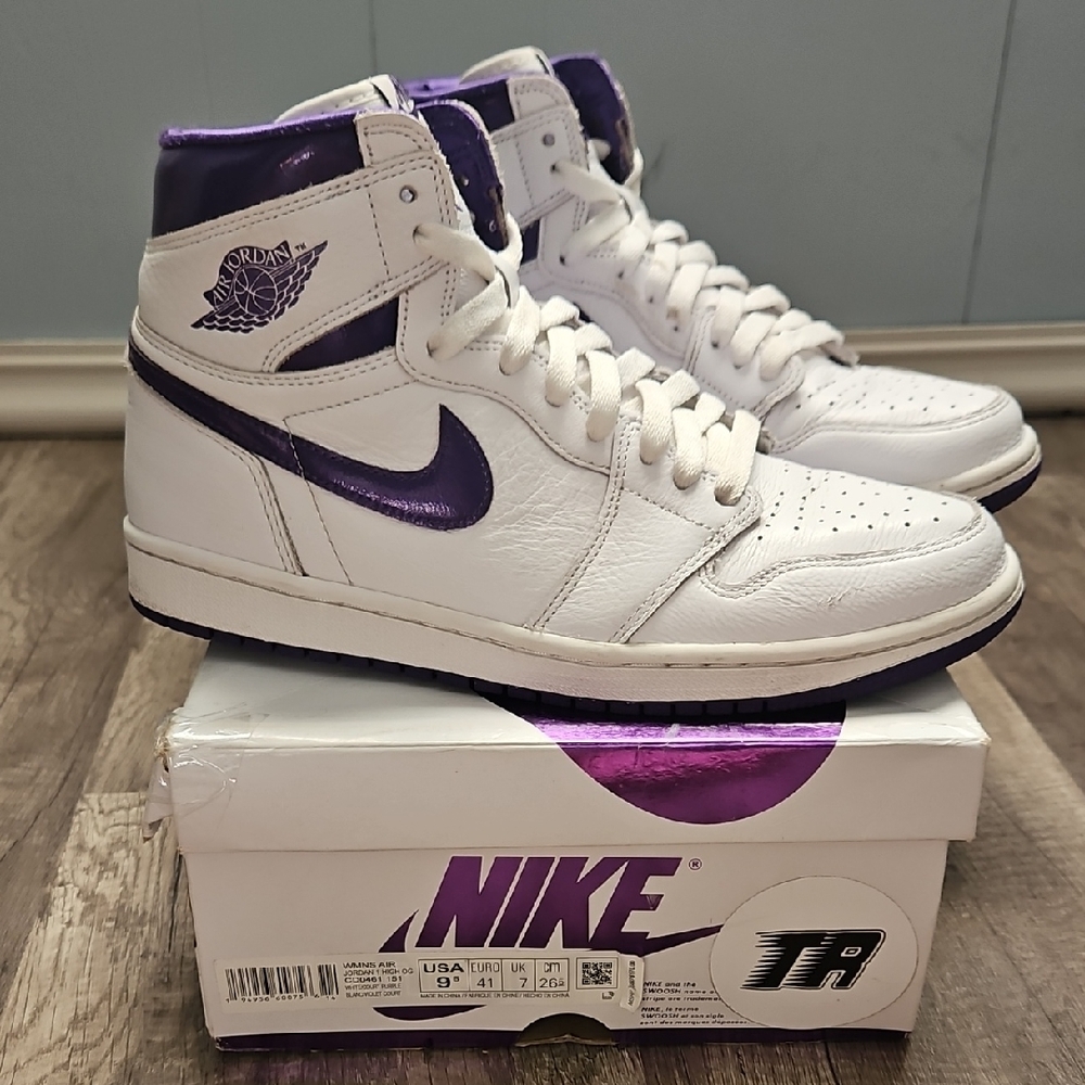 Nike White and Metallic Purple High-Top Sneakers